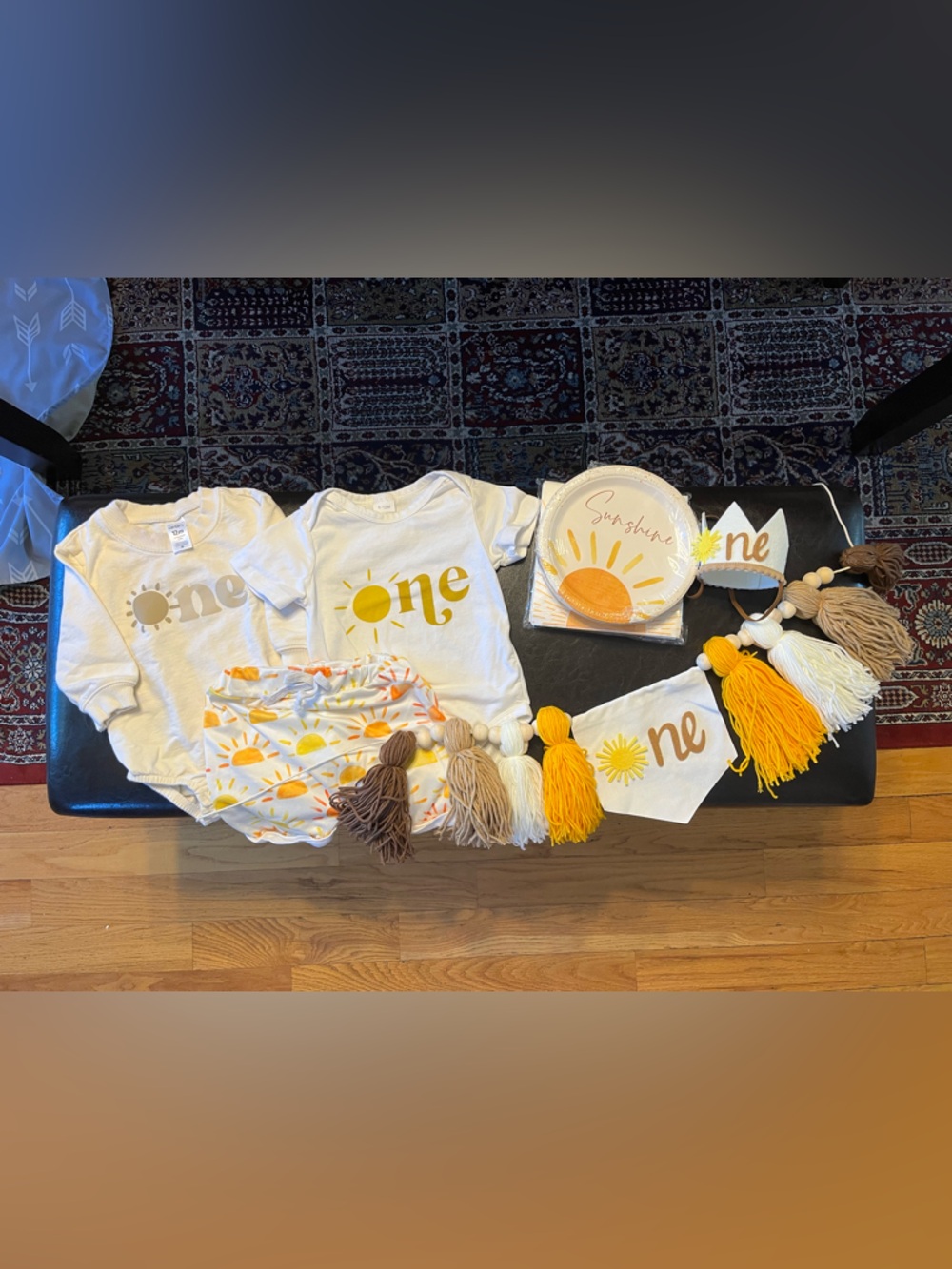Bundle of Sunshine "One" First Birthday Outfit Set plus decorations